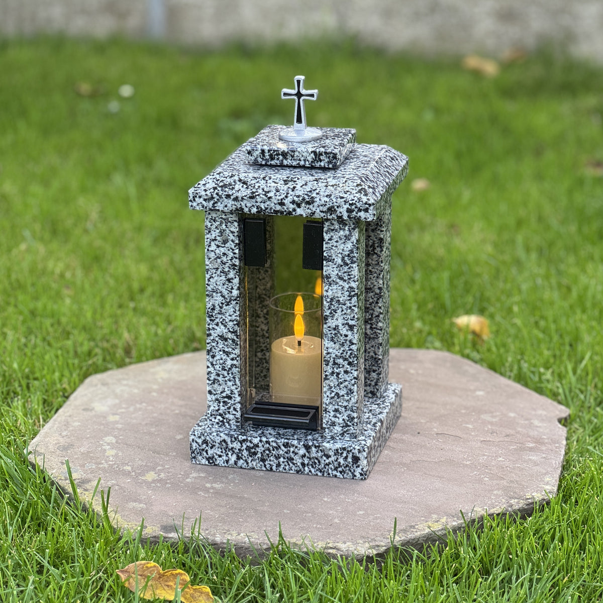 Handmade Granite Grave Lantern with Silver Cross