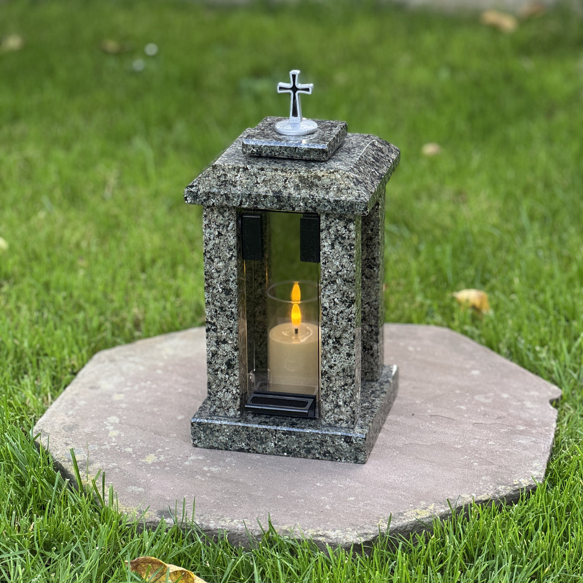 Handmade Granite Grave Lantern with Silver Cross
