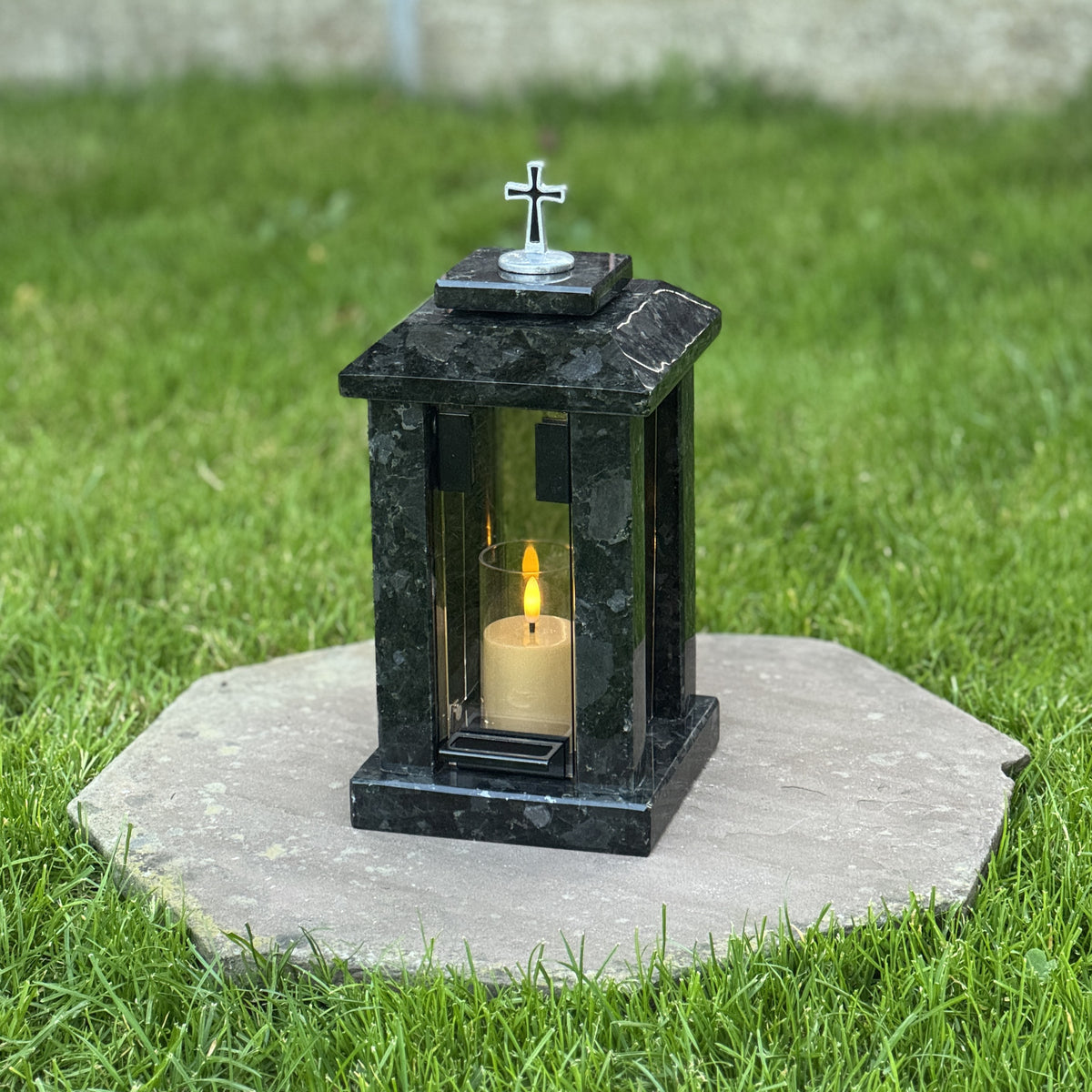 Handmade Granite Grave Lantern with Silver Cross