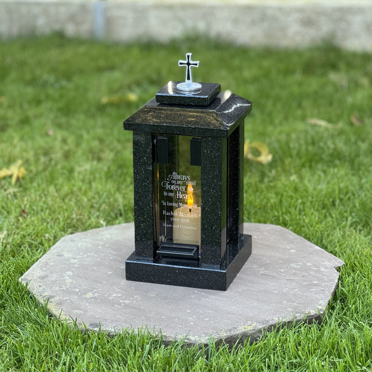 Handmade Granite Grave Lantern with Silver Cross